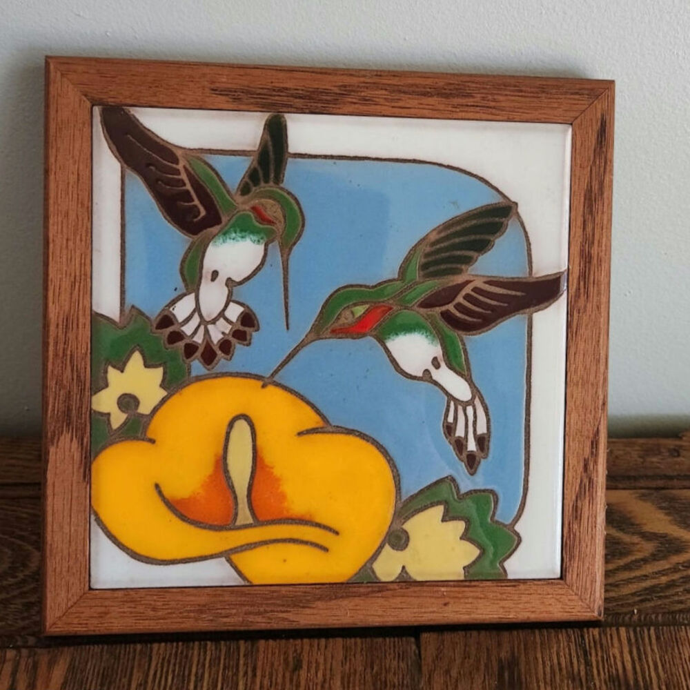 Hummingbirds & Flower Tile Art Framed 7  X 7  Wood Framed